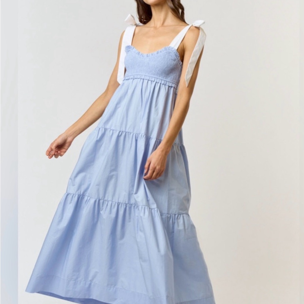 Sleeveless Blue Tiered Maxi Dress With Tie Straps